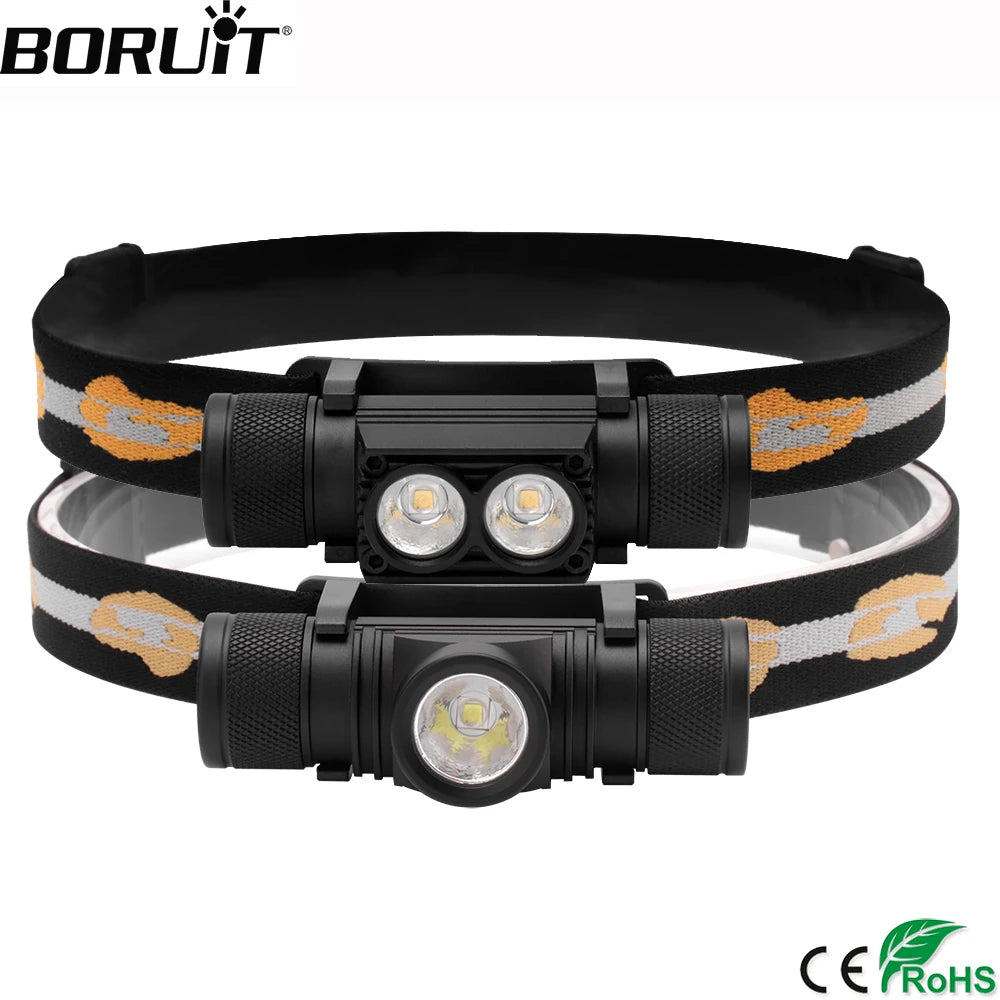 BORUiT D10/20/25 LED Mini Headlamp 3000LM USB Rechargeable High Power Headlight Head Torch