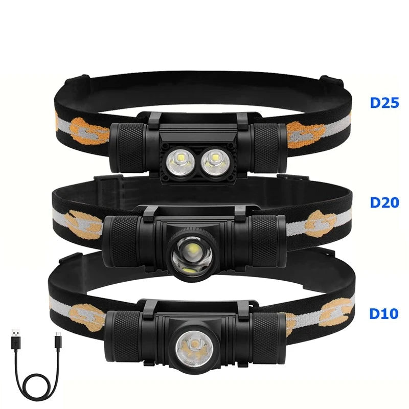 BORUiT D10/D25 Powerful LED Headlamp 18650 Battery Type-C Rechargeable Headlight Torch Flashlight