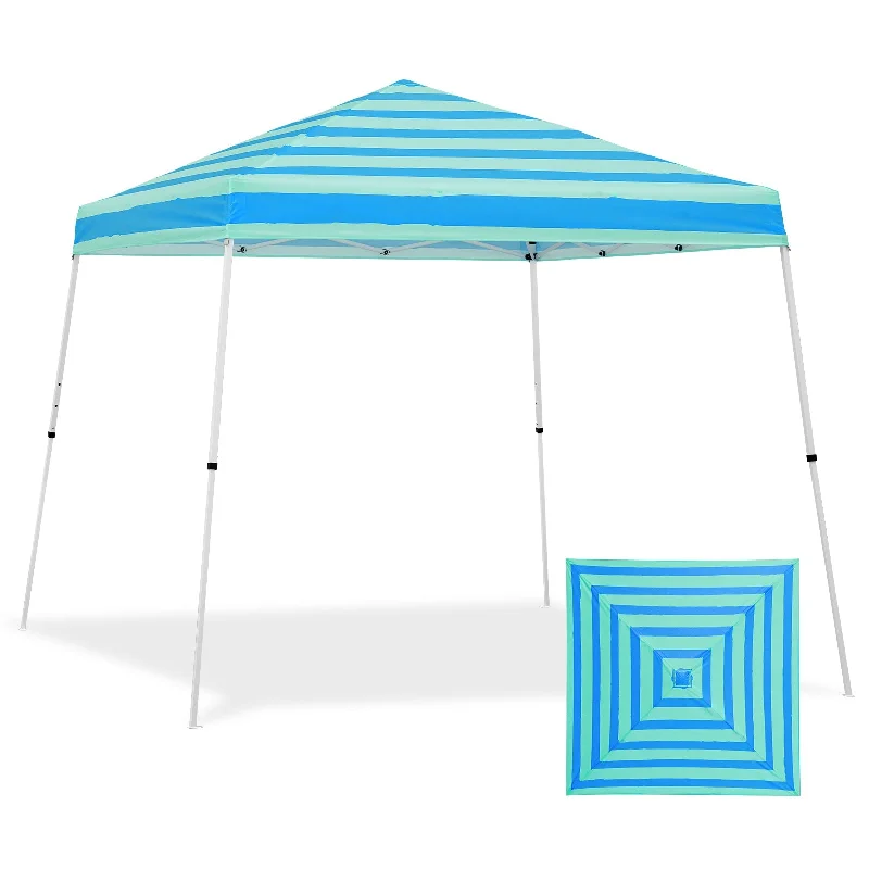 10x10 Slant Leg Pop-up Canopy Tent, 10x10 Base 8x8 Top (Green Blue Stripe)