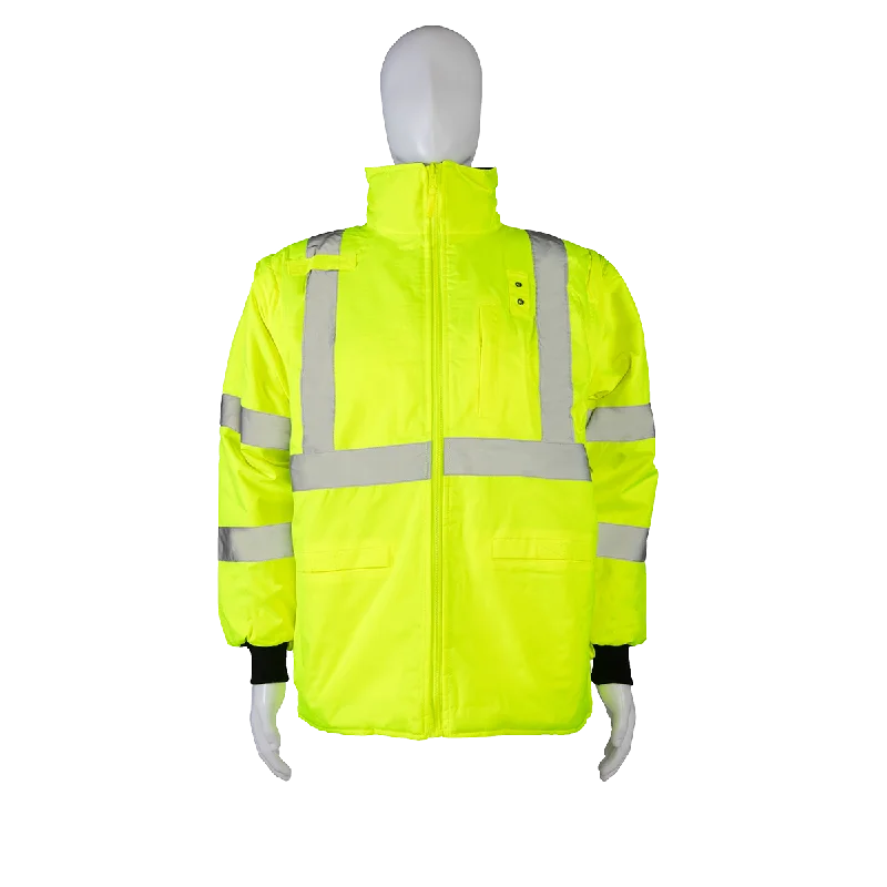 LBQPJRV-C3 ANSI Class 3 Lime/Black Reversible Waterproof 4-in-1 Quilted Jacket with Detachable Sleeves