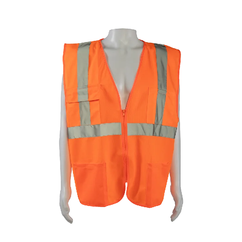 OV2-FSMB ANSI 107-2020 CLASS II Orange Front Solid Mesh Back 4-Pocket Safety Vests