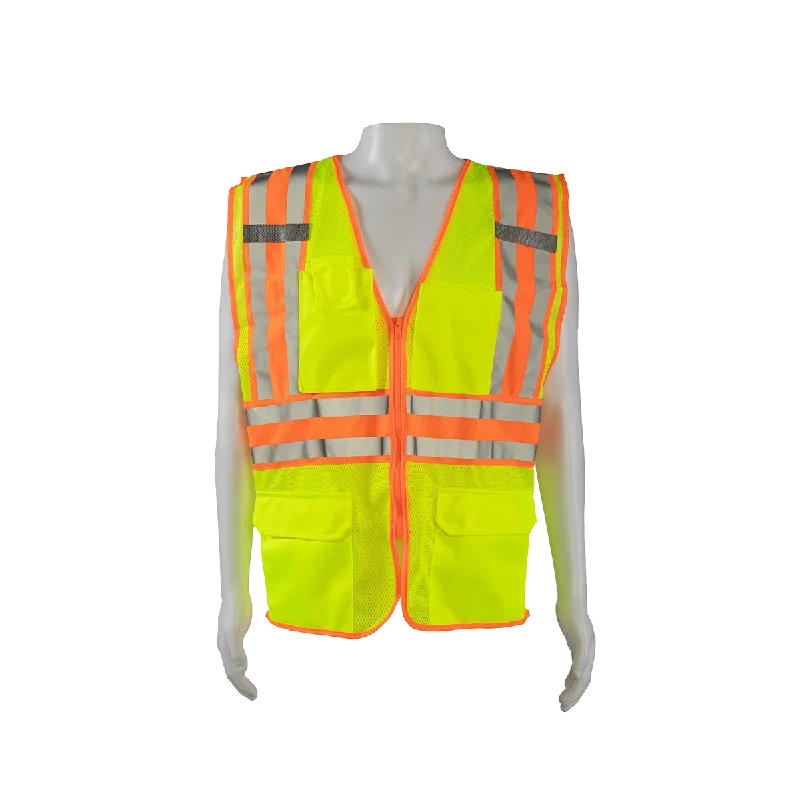 LVM2-CB2 ANSI Class 2 Deluxe Two Tone DOT  Safety Vest , Lime Mesh Orange Contrast